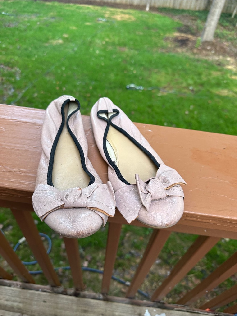 J. Crew tan and black leather ballet flats